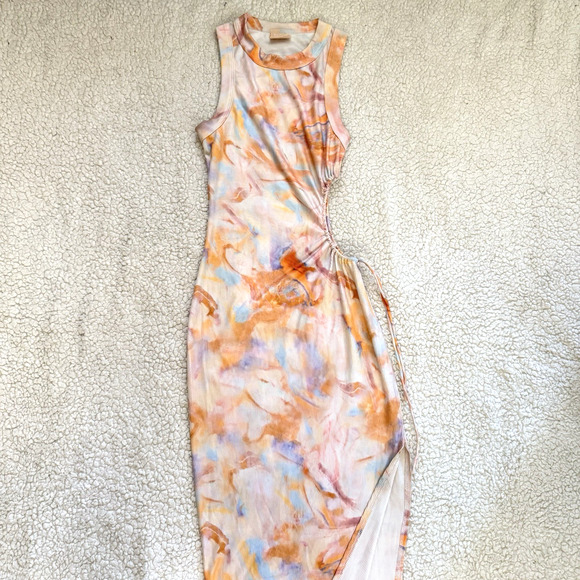 Sage & Paige Midi Dress Sleeveless Ribbed Side Cutout Sz Medium Tie Dye Orange - Picture 1 of 5
